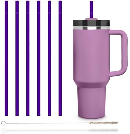HALM Lila Glasstrohhalme 6x 30 cm lang für Stanley Cup Quencher Tumbler & Flaschen bis 1,2 Liter + Reinigungsbürste Spülmaschinenfest - Wiederverwendbare Ersatz Strohhalme