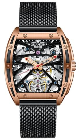 Guanqin Vintage Herren-Skelett-Zifferblatt, automatisch, selbstaufziehend, mechanische Armbanduhr, Saphirglas, Business, doppelseitig, hohl, wasserdicht, leuchtende Uhr, Tonneau-förmige Armbanduhr