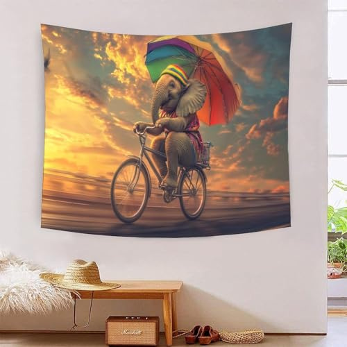 YYVKPMLXC Wandteppich Elefant auf einem Fahrrad 3D Druck Wandtuch|Wanddecke Sonnenuntergang Tapisserie Dekoration Raumteiler Vorhang Für Kinderzimmer 70cmx100cm