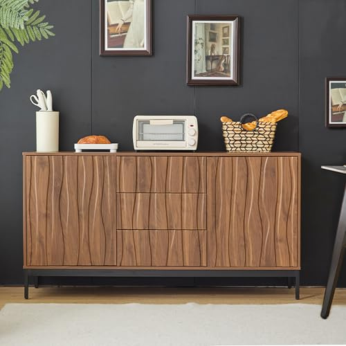 SACOOL Sideboard Eiche dunkel gemasert 150cm, 3 Schubladen, großes Sideboard, Küchenschrank, Einteilige Aussparung, Mid Century Modern Dekorativer Schrank für Küche, Wohnzimmer, Eingangsbereich, Flur