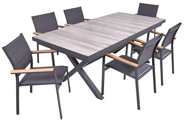 DELUKE Garten-Sitzgruppe JANA 7-TLG. - Alu/Keramik, Eiche-Optik, Grau | Gartenmöbel-Set Gartengarnitur Garten-Essgruppe mit Stapelstühlen E und Esstisch