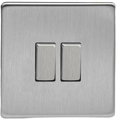 Varilight Double Rocker Light Switch 2-Way - Screwless Brushed Steel With Brushed Steel Rockers, XDS2S