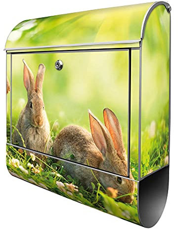 banjado® Design Briefkasten mit DREI Hasen 38,5x46,5x13cm & 2 Schlüssel - Briefkasten Stahl Silber mit Zeitungsfach pulverbeschichtet - Postkasten A4 Einwurf inkl. Montagematerial