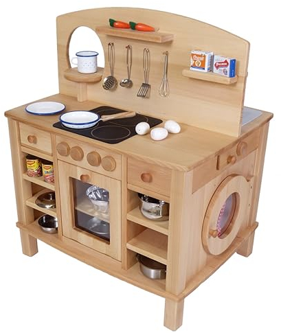 Kinderküche Cinderella aus Massivholz - naturbelassen | Spielküche Holz | 4-seitig bespielbar | Kinder Küche für realistisches Kocherlebnis