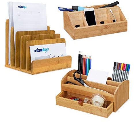Relaxdays 3 TLG. Schreibtisch Set, Bambus, Aufbewahrungsbox für Stifte, Dokumentenhalter, Schreibtisch-Organizer mit Handyhalter