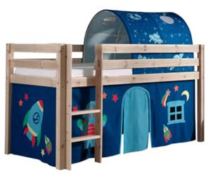 Spielbett Pino mit Textilset Vorhang und TunnelAstro, Kiefer Massiv Natur