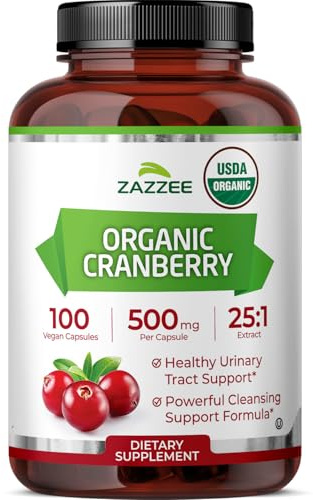 Zazzee USDA Organic Cranberry 25:1 Extract, 500 mg per Capsule, 100 Vegan Capsules, 3+ Month Supply, Certified Kosher, Vaccinium Macrocarpon, Urinary Tract & Bladder Support, Non-GMO, Made in the USA