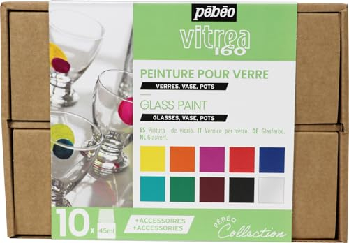 Pébéo - Coffret Collection Vitrea 160 - Coffret Peinture sur Verre - Décoration sur Verre - 10 Flacons de 45 ml - 1 Couleurs Assorties + Cerne Relief Noir Tube 20 ml + Accessoires + Guide Créatif
