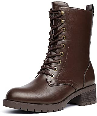 DREAM PAIRS Women's Combat Boots Lace-up Biker Booties Mid-Calf Military Winter Boots,Size 7.5,Brown/PU,DMB214