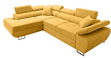 Robin Saturn Premium Ecksofa Schlaffunktion Bettkasten Verstellbare Kopfstützen Kissen Sofa L-Form Schlafsofa Freistehende Eckcouch Schlafcouch Wohnzimmermöbel Wohnlandschaft Links Senfgelb