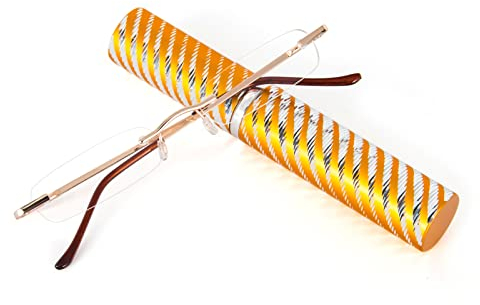 KoKoBin Schlanke Rahmenlose Lesebrille Mini-Taschenleser Sehehilfe mit Stiftetui für Damen und Herren (Gold, +2.0 Dioptrien (1er Pack))
