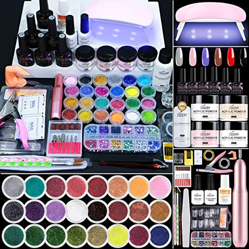 cooserry Acrylic Nail Kit with Drill & U V Lamp - 2 in 1 Nail Kits Full Sets Professional Acrylic Powder with Everything for Beginners - 24 Colors Glitter Supplies for Nail Art Extension at Home