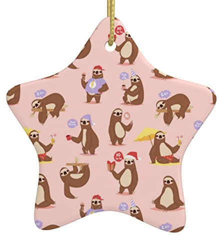 Niedlicher Faultier-Druck, Weihnachtsbaumschmuck, Weihnachtsstern, Keramik, hängende Ornamente, Partyzubehör, beidseitig bedruckt