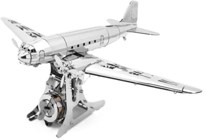 METAL-TIME REMARKABLE DOUGLAS, Douglas DC-3 Model, 3D Metal Airplane Model Mechanical Building Kit, Unique Wind-Up Moving Mechanism, Stainless Steel DIY Construction with Toolbox - 146 Pieces.