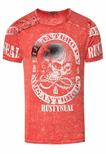 T-Shirt Herren Schwarz Blau Rot Camel Verwaschen Regular Fit S M L XL 2XL 3XL mit Asymmetrisch Knopfleiste All Over Skull Print Street-Wear Shirt 292, Farbe:Koralle, Größe S-3XL:M