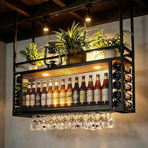 amhricho Deckenregal Hängend Weinregal, Große Kapazität Weinregal Hängender, Kann Hängend Oder An Der Wand Montiert Für Bar, Restaurant, Indoor (Black, 160 * 30 * 55+40cm)