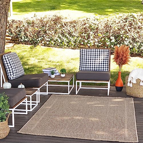Livabliss Darwin Outdoor Teppich wetterfest - In und Outdoor Teppich für Balkon 117x166 cm, Terrasse, Garten, Küche - Teppiche Boho Style für draußen - Dunkelbeige und Schwarz