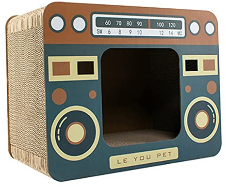 Katzenhaus aus Pappe, Großes Katzenkratzhaus aus Wellpappe Im Retro-Design für Katzen Zum Ausruhen (Radio)