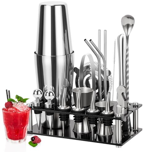 Cinnani Boston Shaker Cocktail Set-Set Barman Cocktail en Acier Inoxydable de 20 Pièces-Professionnel avec Accessoires, Support en Acrylique-Cocktail Kit Complet-Professionnel kit pour Barman