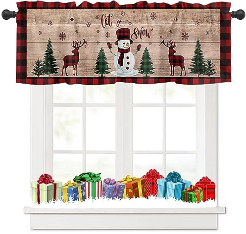 Tokusyou Weihnachten Scheibengardine Gardinen Deko Weihnachtsgardine Rot Vorhang Der Schneemann Weihnachtsbaum Hirsch Muster Blickdicht Bistrogardinen für Küche Wohnzimmer B 137 × H 45 cm