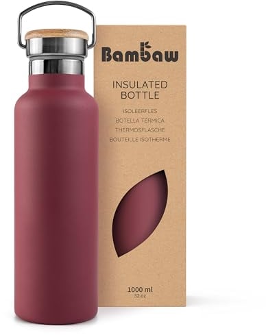 Bambaw Gourde Isotherme 1l, Thermos Rouge, Gourde 1l Inox, Bouteille d’Eau Réutilisable, Gourde Sport – Rouge Cerise