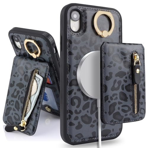 SailorTech Case for iPhone XR Phone Case with Card Holder, Cover for iPhone XR Case Ring Stand with Kickstand Card Slots Wallet Detachable 2-in-1 Zipper Case - Black Leopard