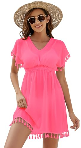 Onfettic Damen Strandkleid Sommer Badeanzug Strandtunika Chiffon Strandponcho Sommerkleider Bikini Cover mit V-Ausschnitt (Rose Rot, S)