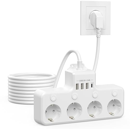 Steckdosenleiste mit USB, 4 Fach Mehrfachsteckdose mit 4 USB Anschluss, 8-n-1 Steckdosenadapter AC 250V/16A, Wandplatte Steckdose mit 2M Kable, Mehrfachstecker für Büro, zu Hause (Weiß)
