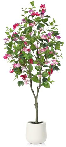 Fopamtri Artificial Bougainvillea Tree 150 cm, Artificial Plants Indoor with White Planter, Tall Faux Blossom Tree for Home Office Garden Decoration (1 Pack)