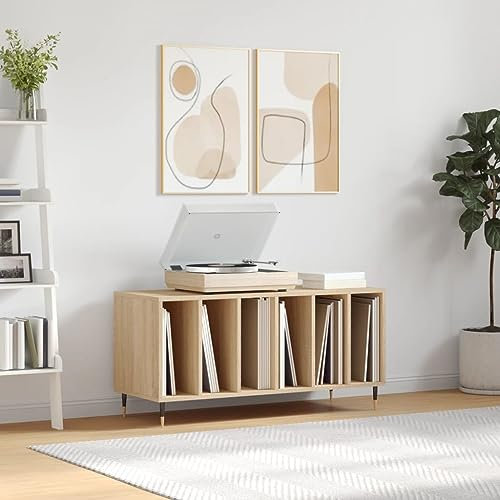 ShCuShan Record Player Stand, Turntable Stand With Open Shelves, Vinyl Storage Cabinet, Vintage End Table for Living Room, Bedroom and Office, Sonoma Oak 100x38x48 cm