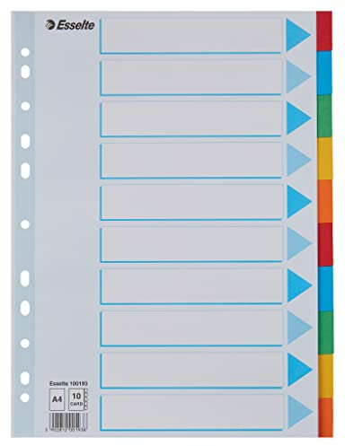 Esselte A4 Ordner-Register, 10er-Set mit je 10 farbigen Trennblättern und einem Deckblatt, für Ringbücher und Ordner mit Hebelmechanik, aus langlebigem, umweltfreundlichem Recycling-Karton, 100193