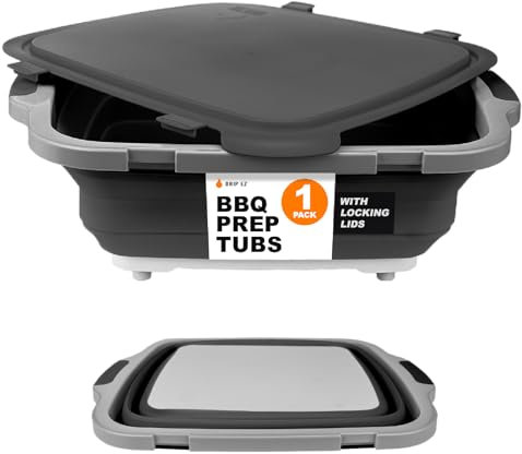 Drip EZ Tina plegable para preparación de barbacoa (V2) – para almacenamiento de alimentos marinados de preparación de comidas – incluye tabla de cortar y tapa de bloqueo – (1) OG – Negro