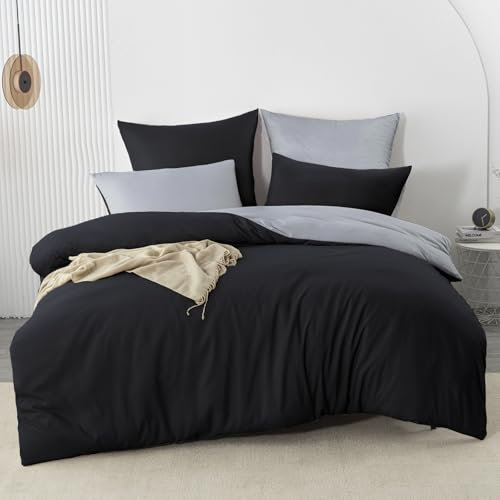 Nesture Bettwäsche 200x200 3teilig Schwarz/Grau Bettwäsche Sets Microfaser Wendebettwäsche 200 x 200, weich & bügelfrei 1 Bettbezug + 2 Kissenbezug 80x80cm mit Reißverschluss