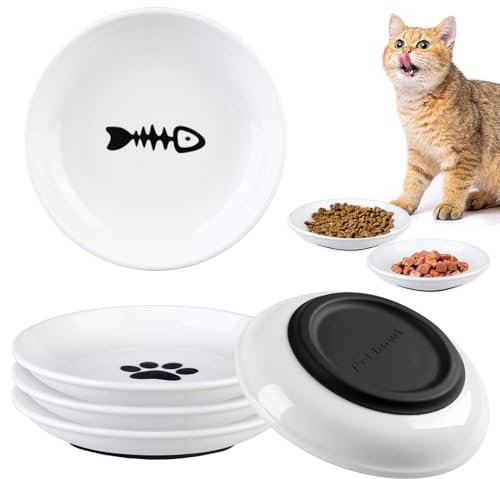 Lot de 6 gamelles en céramique pour chat avec fond en caoutchouc antidérapant, large assiette plate pour chat et petits animaux