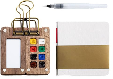 EHDWXVZM 1 Ensemble D'Outils De Peinture Portables, Mini Palette De Peinture Aquarelle, Palette De Voyage en Bois avec 8 Compartiments, Carnet De Croquis, Carnet Peint, Ensemble De Peinture De Voyage