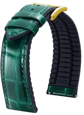 BINLUN Leder Uhrenarmband 22mm 21mm 20mm 19mm 18mm 16mm 14mm Alligator Muster Uhrenarmbänder für Herren Damen Ersatz Schnellverschluss Lederarmband Silikon Hybrid Uhrband(21mm,Grün Gold)