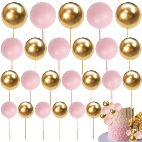 Xsstarmi 30 Pack Mini Balloon Cake Topper Pink Gold Balls Pick Decorations Mix Size Faux Balls DIY Insert for Baby Shower Wedding Bridal Shower Birthday Party