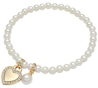 Lulu Jane Damen Armband aus Messing mit rund Muschelkernperle ca. 4,0 mm Zirkonia Perlenarmband Herz weiß