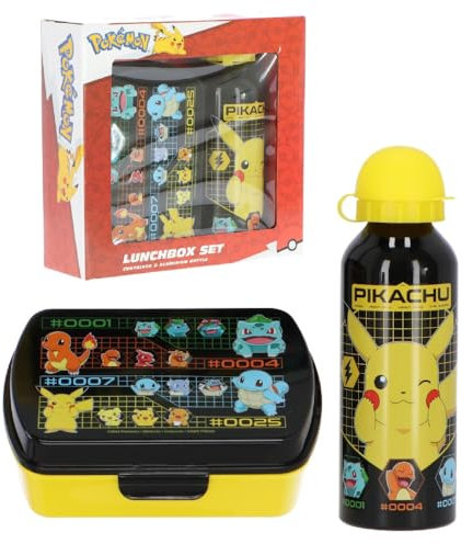 CARTOON Set pranzo 2 pezzi Pokémon Pikachu borraccia in alluminio e portamerenda bottiglia con ciuccio e contenitore portapranzo per bambini