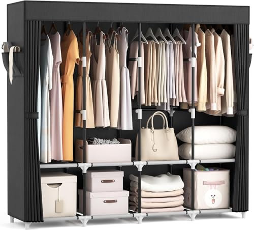 Vicye Kleiderschrank, Faltschrank,170*45*167 cm, Stoffschrank mit kleiderstange stabil, mit Abdeckung, 4 Lagerregalen und 4 Kleiderstangen, Textil Kleiderschrank für das Schlafzimmer Keller(Schwarz)