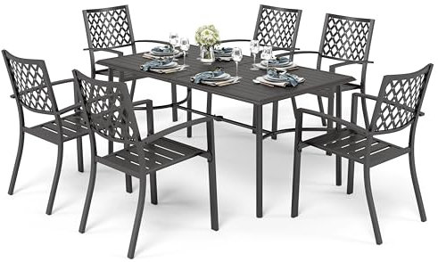 PHI VILLA Gartenmöbel Set 6 stühle mit Tisch Wetterfest E-Coating Rechteckiger Metall-Esstisch mit Stapelbare Stühle Terrassenmöbel Set Balkon Outdoor Bistro Möbel Sets Metall Schwarz