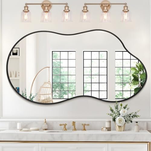 JJUUYOU Wall Mirror Large Irregular Bathroom Brushed Metal Frame Mirror Black Asymmetrical Vanity Aluminum Alloy Frame Mirrors for Living Room Bedroom Entryway Vanity Home Decor 50 x 90cm