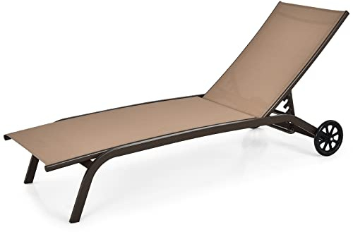 GOPLUS Transat Jardin Exterieur avec Dossier Réglable en 6 Positions, 191 x 187 x 35,5 CM, Bain de Soleil en Textilène Durable avec 2 Roue, Charge 150 KG, pour Piscine, Terrasse (1, Marron)
