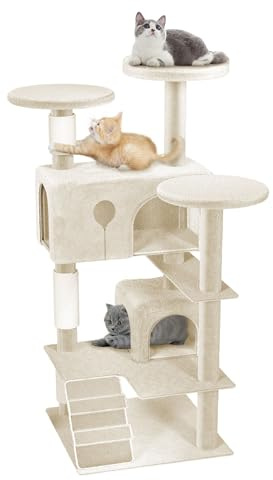 UISEBRT Kratzbaum 130 cm Hoch Katzenhaus, Mehrstöckiger Kratzstamm-Kletterturm mit Sisalpfosten, Plattformen und Katzenhöhle, Stabil Katzenkratzbaum, Katzenmöbel für Katzen (Typ A, Beige)