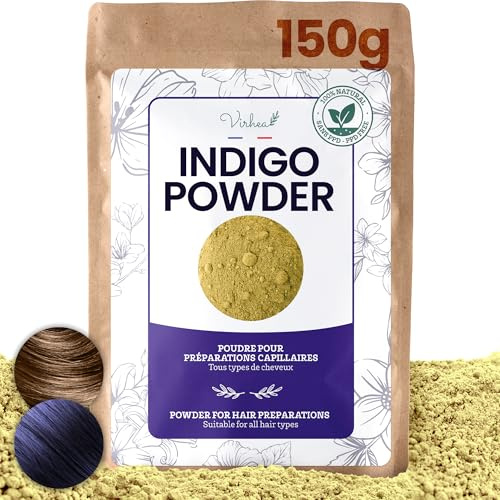 VIRHEA Polvo de Índigo Natural 150g para Cabello y Textiles – Tinte Vegetal Orgánico Indigofera Tinctoria – Coloración Capilar y Textil