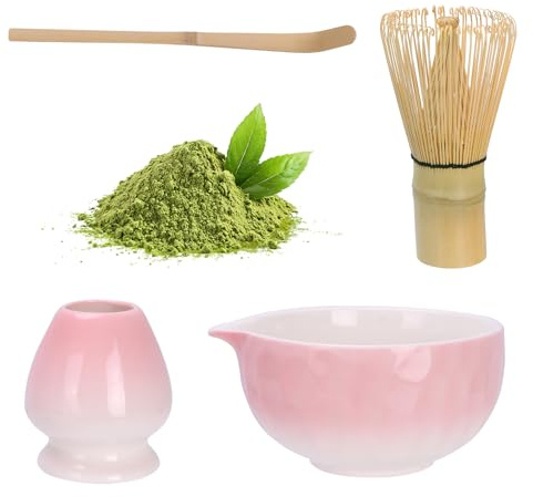 YANGTAI Matcha Set, Matcha-Set Rosa, Matcha-Schüssel mit Ausgießer, Matcha-Rührer und Ständer, Matcha-Löffel, Matcha Tee Set Pink für Teeliebhaber