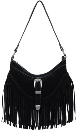 EVEOUT Damen Fransen Umhängetasche Western Style Kunstleder in Wildleder-Optik Boho Schultertasche mit Quasten Hippie Tragetasche