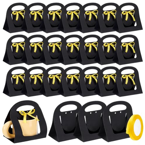NBEADS 24 Pcs Mug Boxes for Gifts Coffee Mug Gift Boxes with 1 Roll Yellow Ribbon Paper Cup Holder with Handle for Bridesmaid Gifts Weddings DIY Decor, Black, 14x9cm