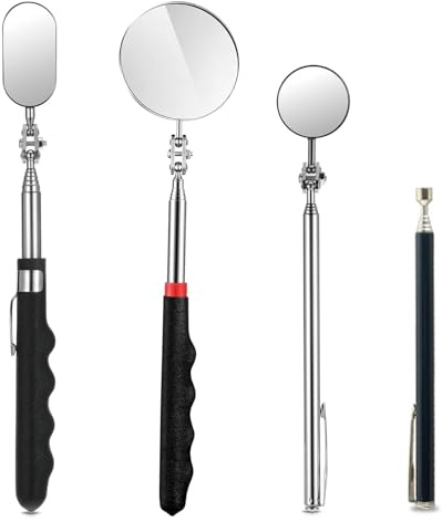 MmotZsb 4 Stück Inspektionsspiegel Set, 360 Grad Drehbarer Teleskopspiegel Mit Greifwerkzeug, Rund Und Oval, Ideal Für Fahrzeuginspektionen, Industrielle Kontrollen Und Haushaltsreparaturen