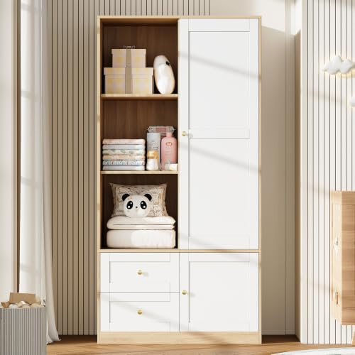 Merax Armario de puerta corredera para habitación infantil, diseño blanco y madera, con barra para ropa y cajones, 90 × 50 × 180 cm, ahorra espacio, multifuncional, ideal para espacios pequeños